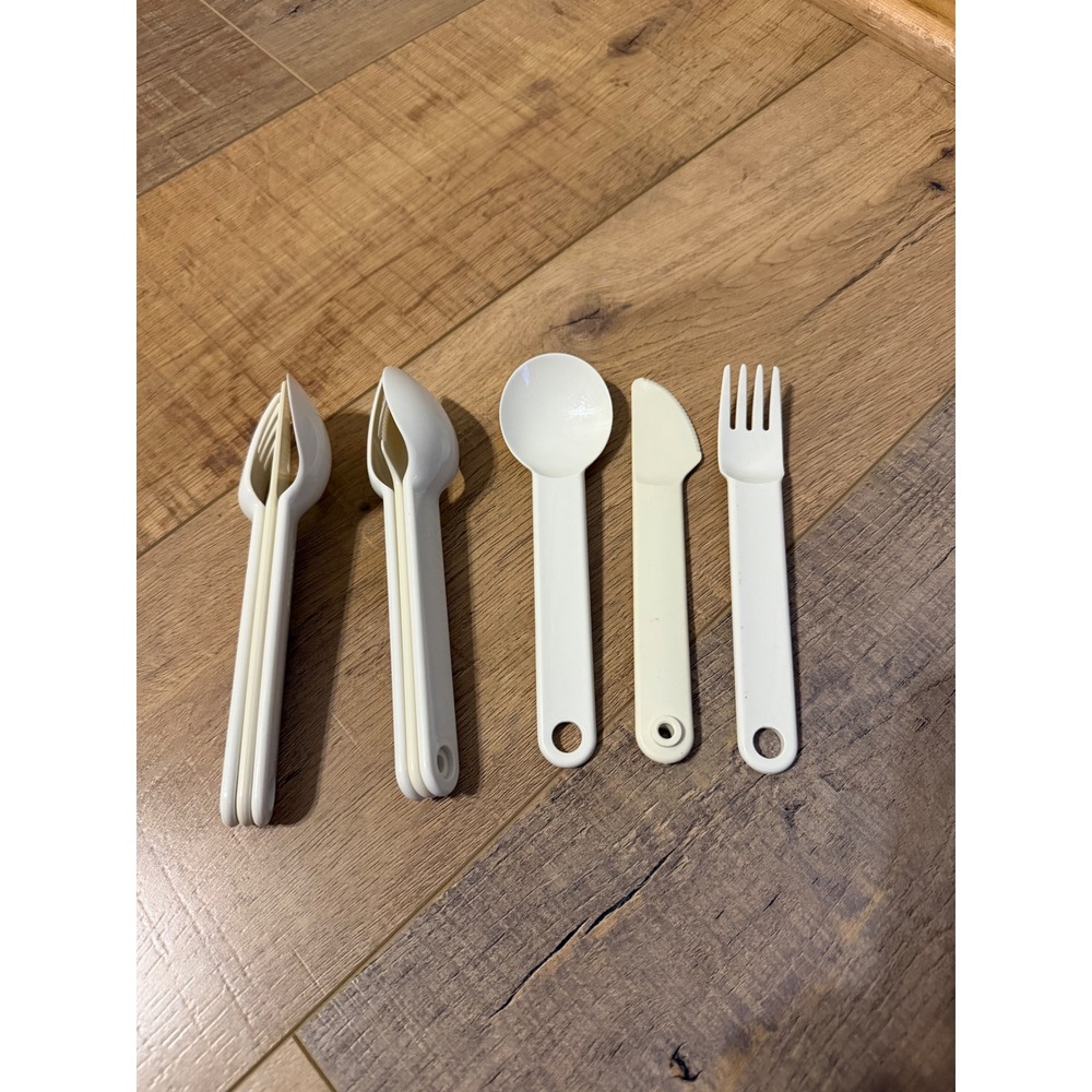 Tupperware Vintage Picnic Silverware Snap Together Utensils 3 Sets Cream White